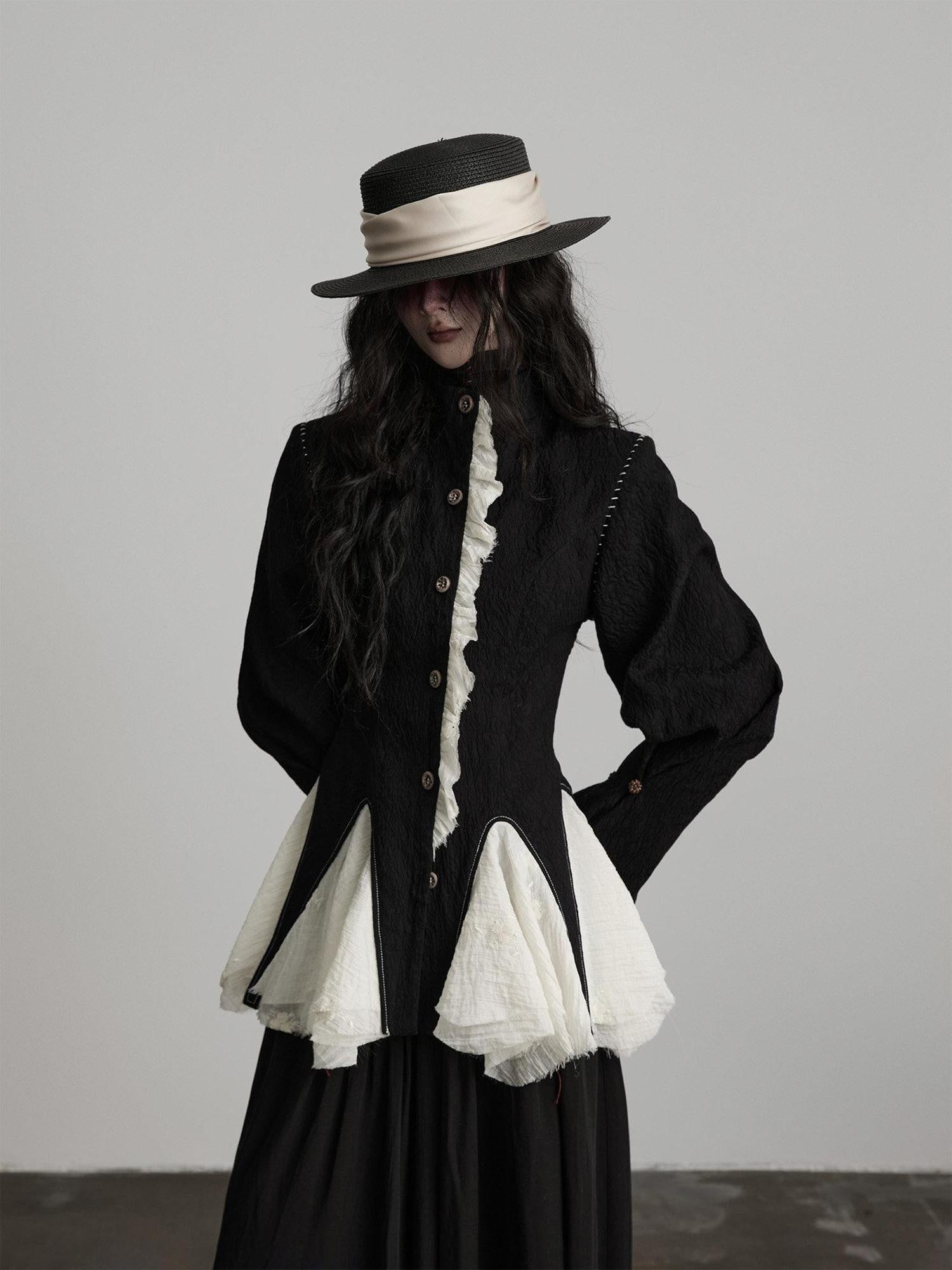 INDULGE Padded Wool Blend Elegant Button Round Neck Black Long Sleeve Cropped Jackets