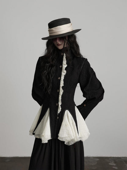 INDULGE Padded Wool Blend Elegant Button Round Neck Black Long Sleeve Cropped Jackets