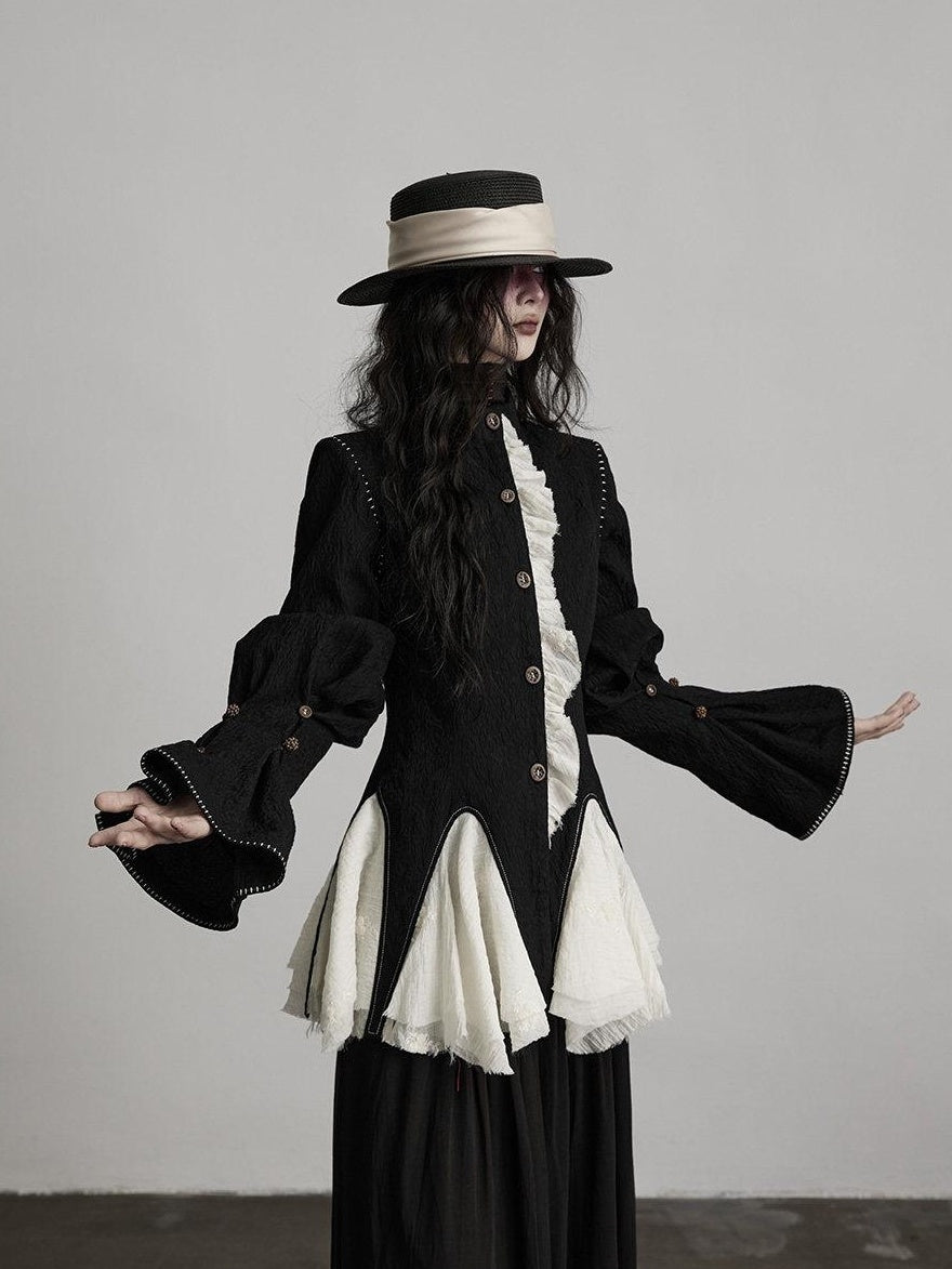 INDULGE Padded Wool Blend Elegant Button Round Neck Black Long Sleeve Cropped Jackets