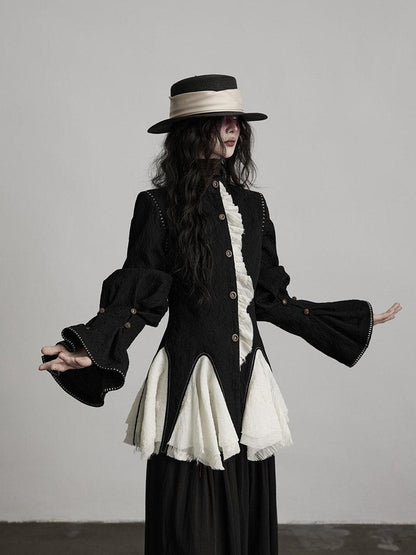 INDULGE Padded Wool Blend Elegant Button Round Neck Black Long Sleeve Cropped Jackets