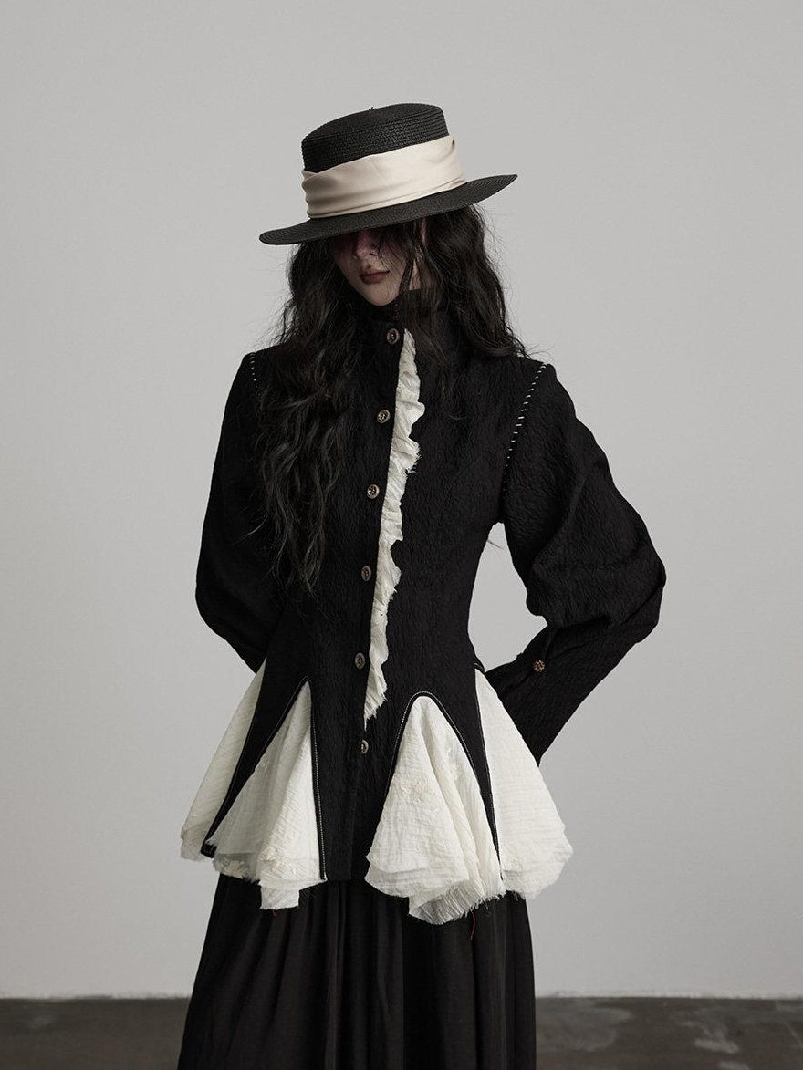 INDULGE Padded Wool Blend Elegant Button Round Neck Black Long Sleeve Cropped Jackets