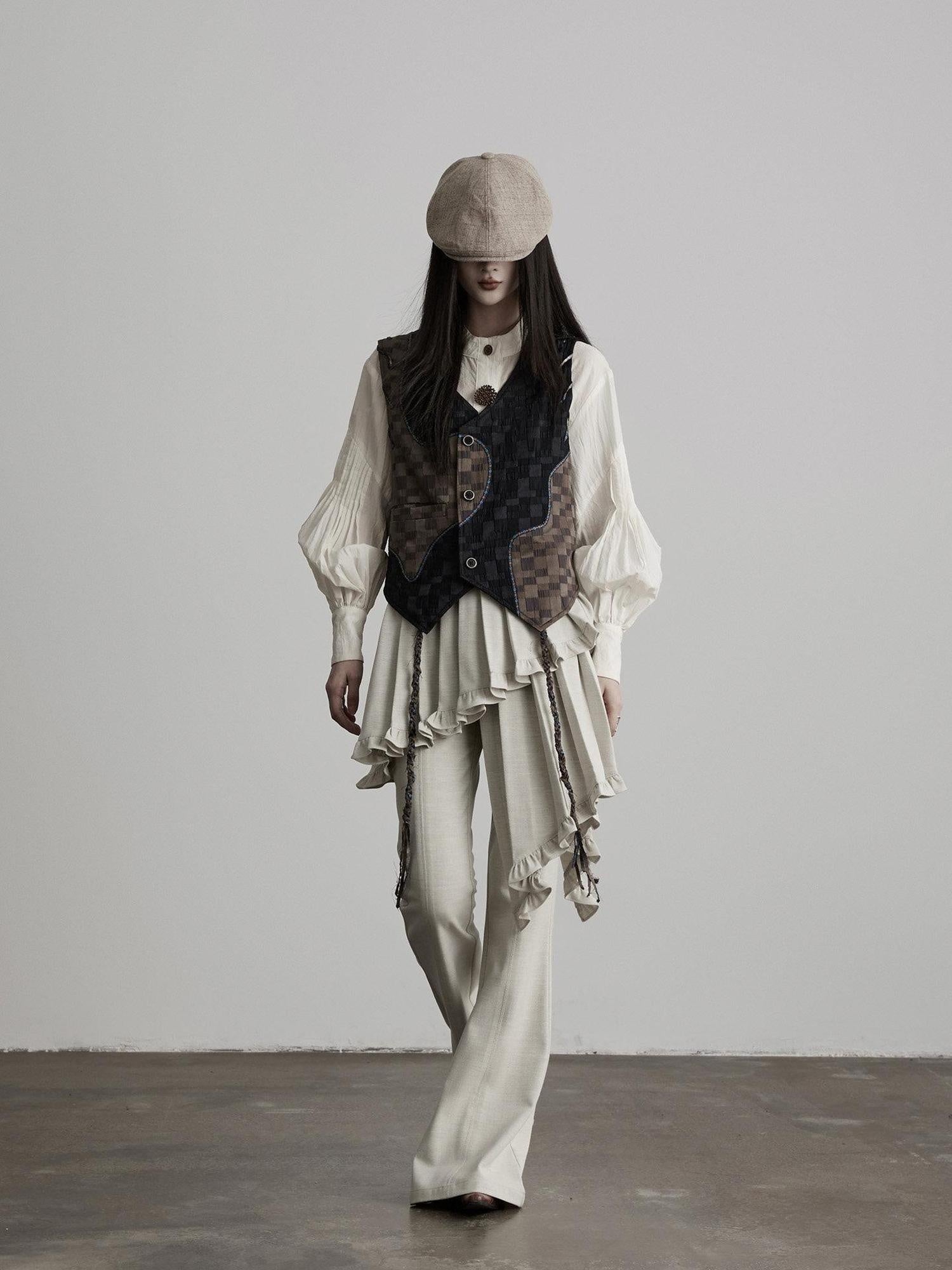 INDULGE Patchwork Plaid Retro Short V-neck Casual Women Poly Cotton Vests