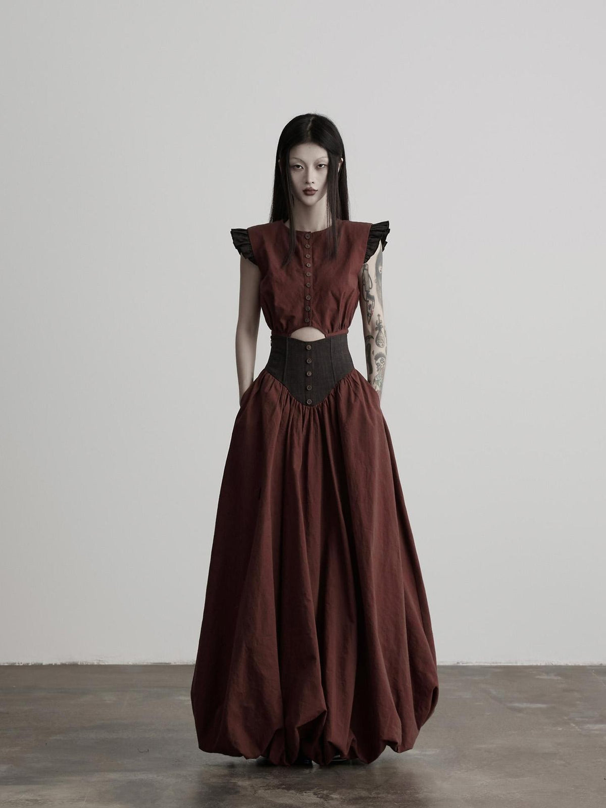 INDULGE Petal Sleeve Spliced Cropped Cinched Waist Women&