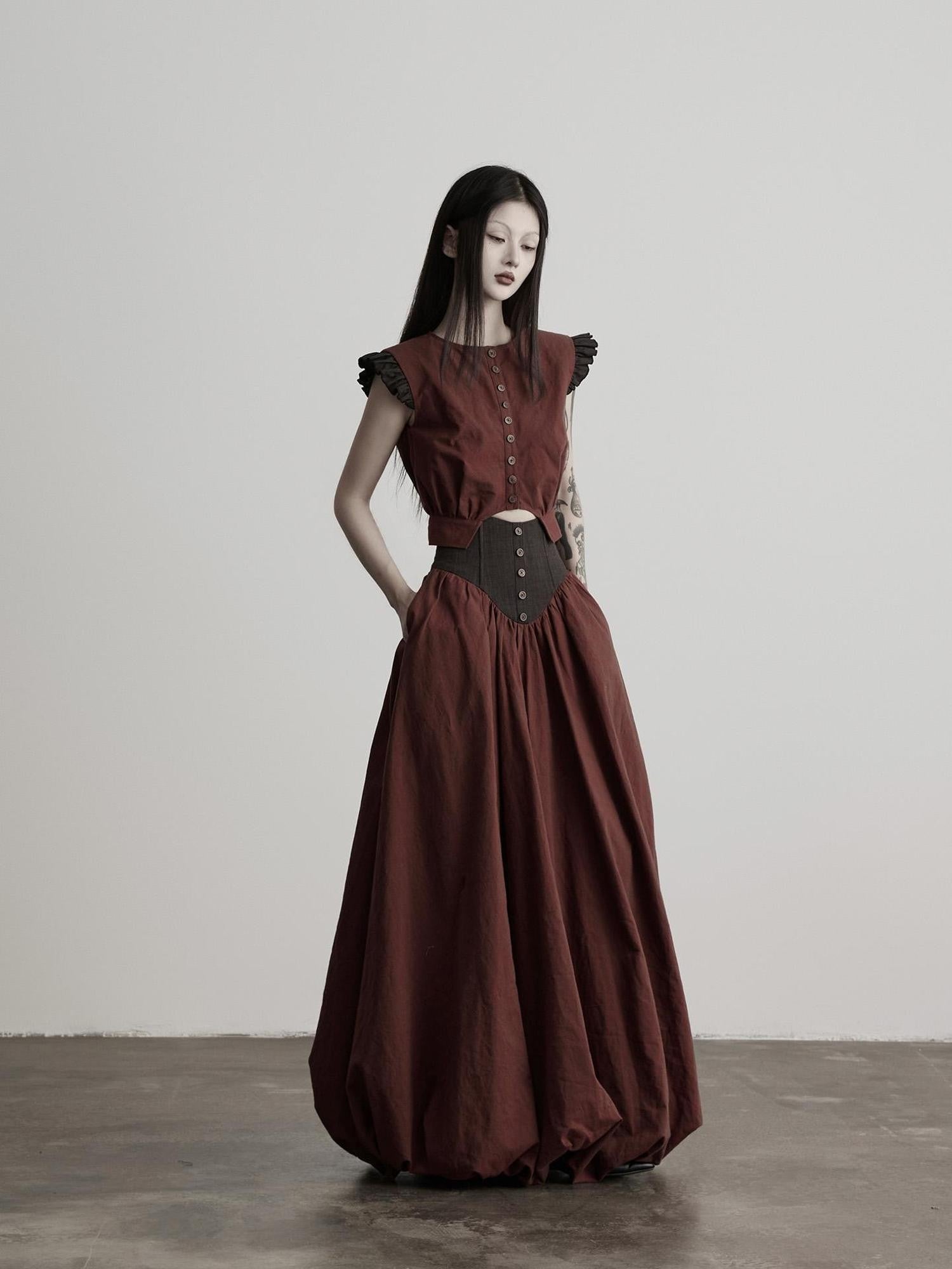 INDULGE Petal Sleeve Spliced Cropped Cinched Waist Women&