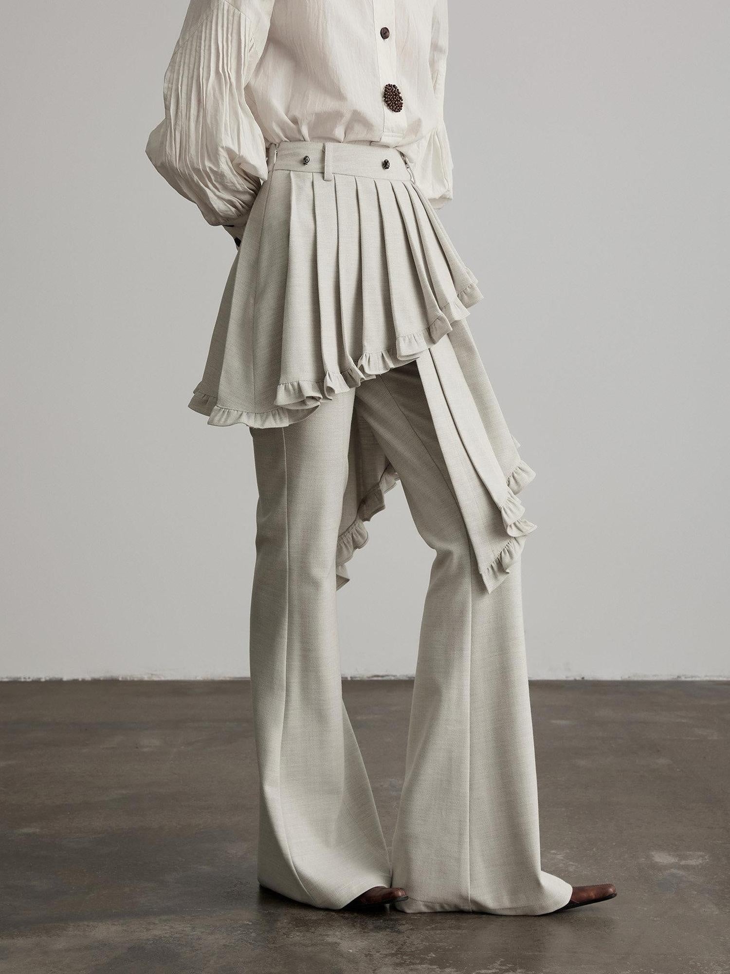 INDULGE Pleated Asymmetrical Patchwork Culotte Casual Women Beige Flare Pants