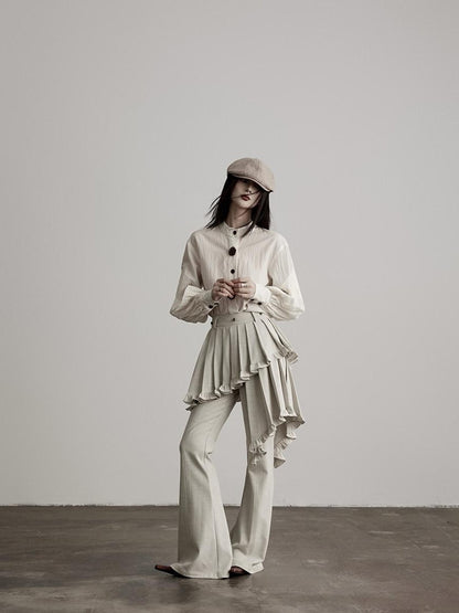 INDULGE Pleated Asymmetrical Patchwork Culotte Casual Women Beige Flare Pants
