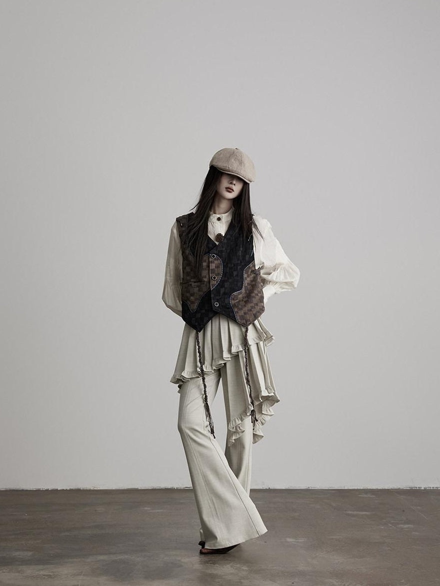 INDULGE Pleated Asymmetrical Patchwork Culotte Casual Women Beige Flare Pants