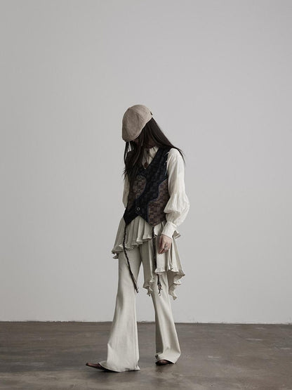 INDULGE Pleated Asymmetrical Patchwork Culotte Casual Women Beige Flare Pants