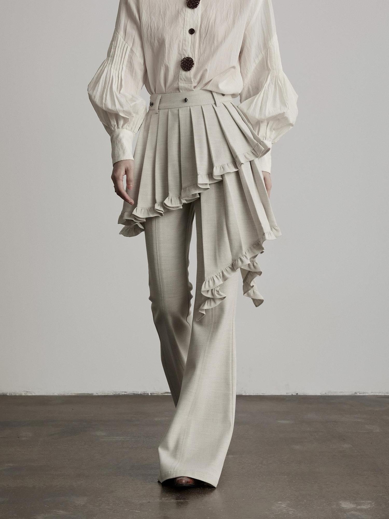 INDULGE Pleated Asymmetrical Patchwork Culotte Casual Women Beige Flare Pants