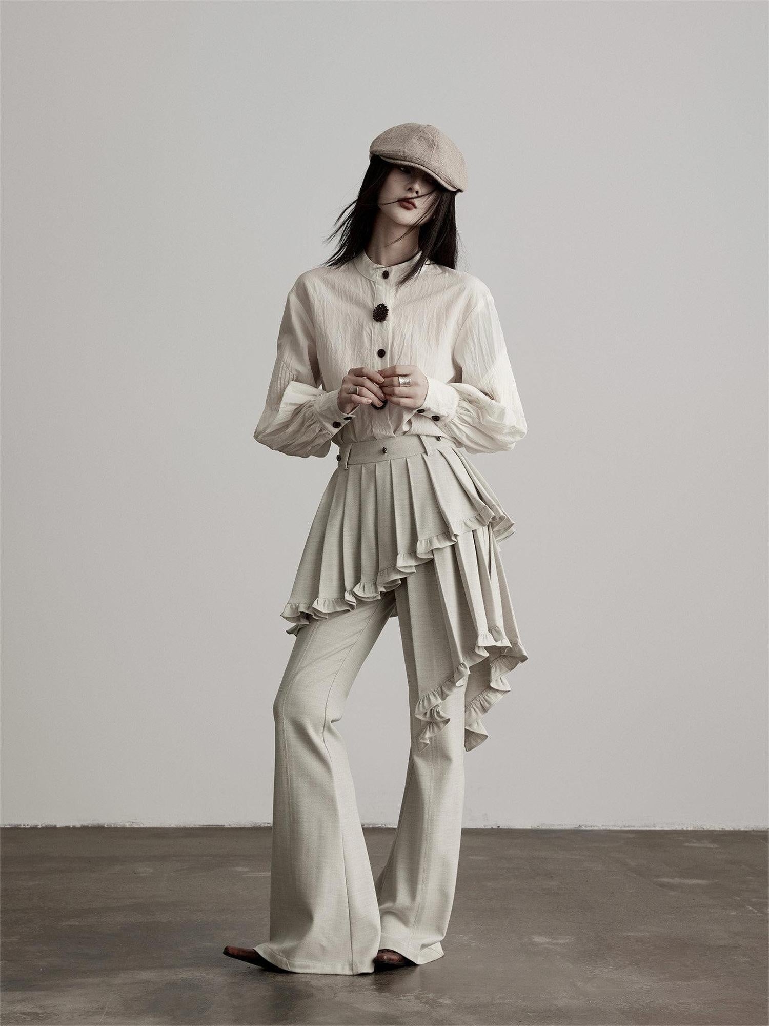INDULGE Pleated Asymmetrical Patchwork Culotte Casual Women Beige Flare Pants