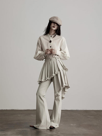 INDULGE Pleated Asymmetrical Patchwork Culotte Casual Women Beige Flare Pants