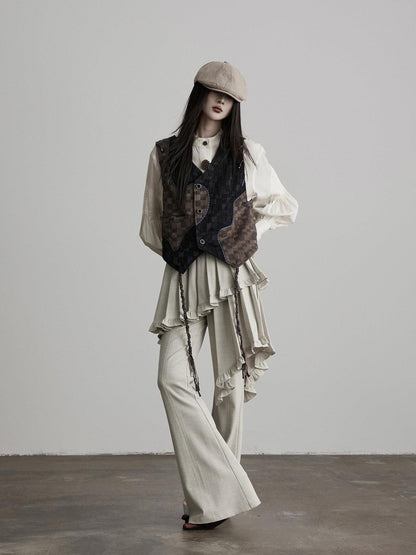 INDULGE Pleated Asymmetrical Patchwork Culotte Casual Women Beige Flare Pants