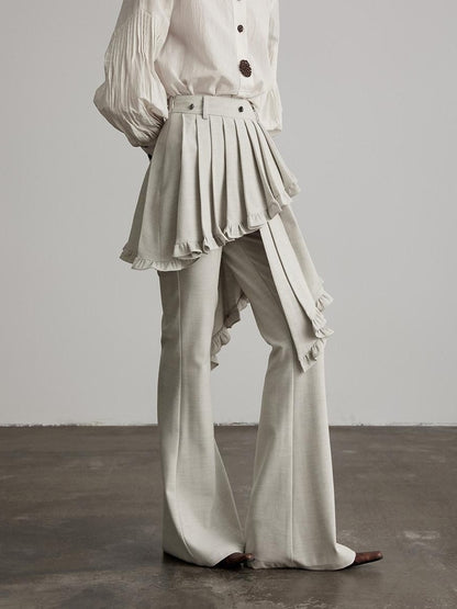 INDULGE Pleated Asymmetrical Patchwork Culotte Casual Women Beige Flare Pants
