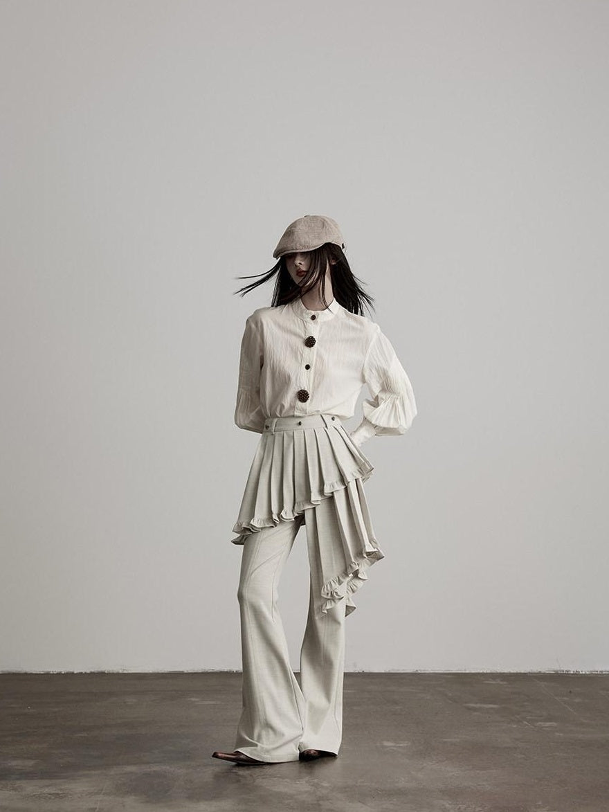 INDULGE Pleated Asymmetrical Patchwork Culotte Casual Women Beige Flare Pants