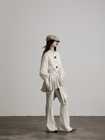 INDULGE Pleated Asymmetrical Patchwork Culotte Casual Women Beige Flare Pants