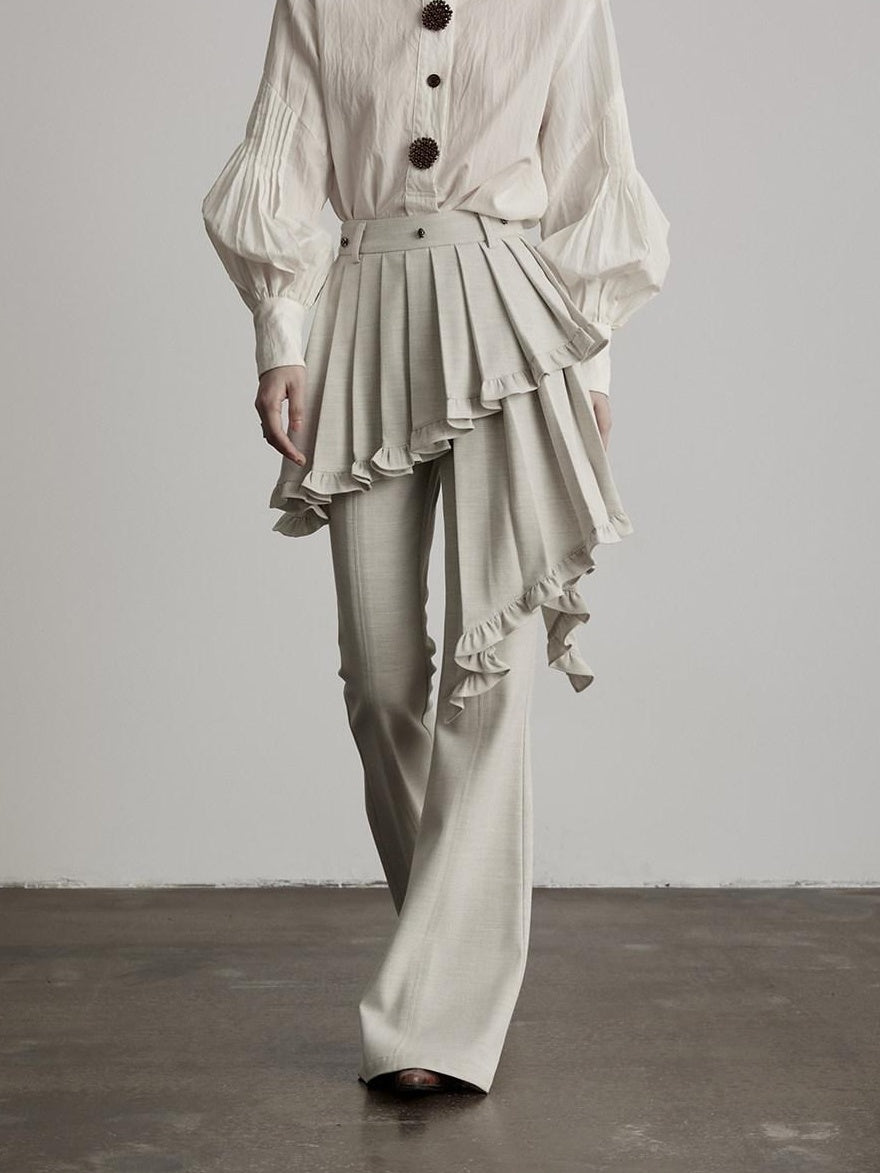INDULGE Pleated Asymmetrical Patchwork Culotte Casual Women Beige Flare Pants