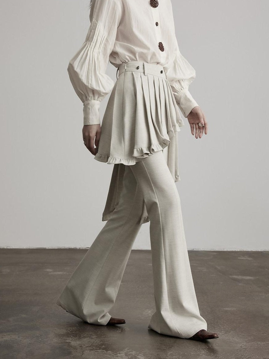 INDULGE Pleated Asymmetrical Patchwork Culotte Casual Women Beige Flare Pants