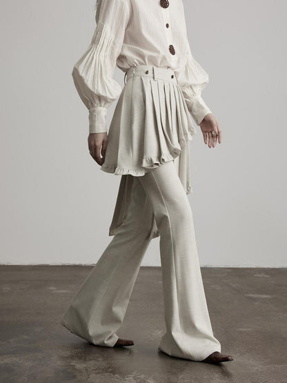 INDULGE Pleated Asymmetrical Patchwork Culotte Casual Women Beige Flare Pants