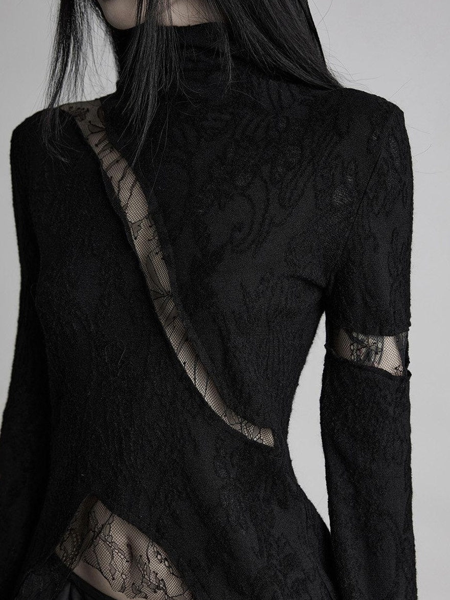 INDULGE Pleated Irregular Hem Office Slim High Neck Black Long Sleeve T-Shirts