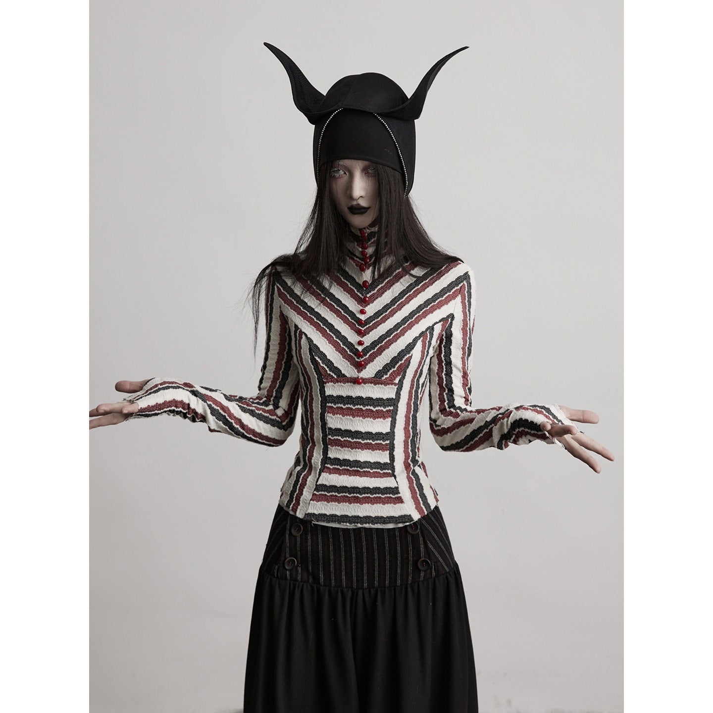 INDULGE Polyester Spandex Slim Fit High Neck Button Striped Casual Long Sleeve T-Shirts