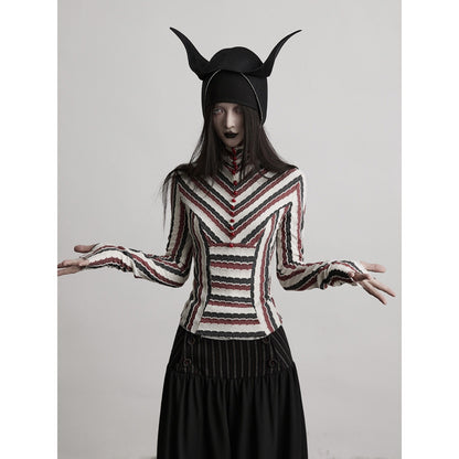 INDULGE Polyester Spandex Slim Fit High Neck Button Striped Casual Long Sleeve T-Shirts