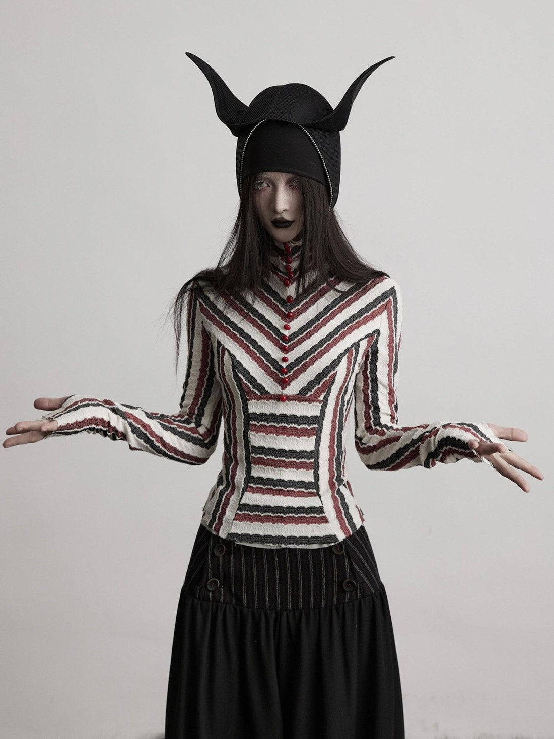 INDULGE Polyester Spandex Slim Fit High Neck Button Striped Casual Long Sleeve T-Shirts