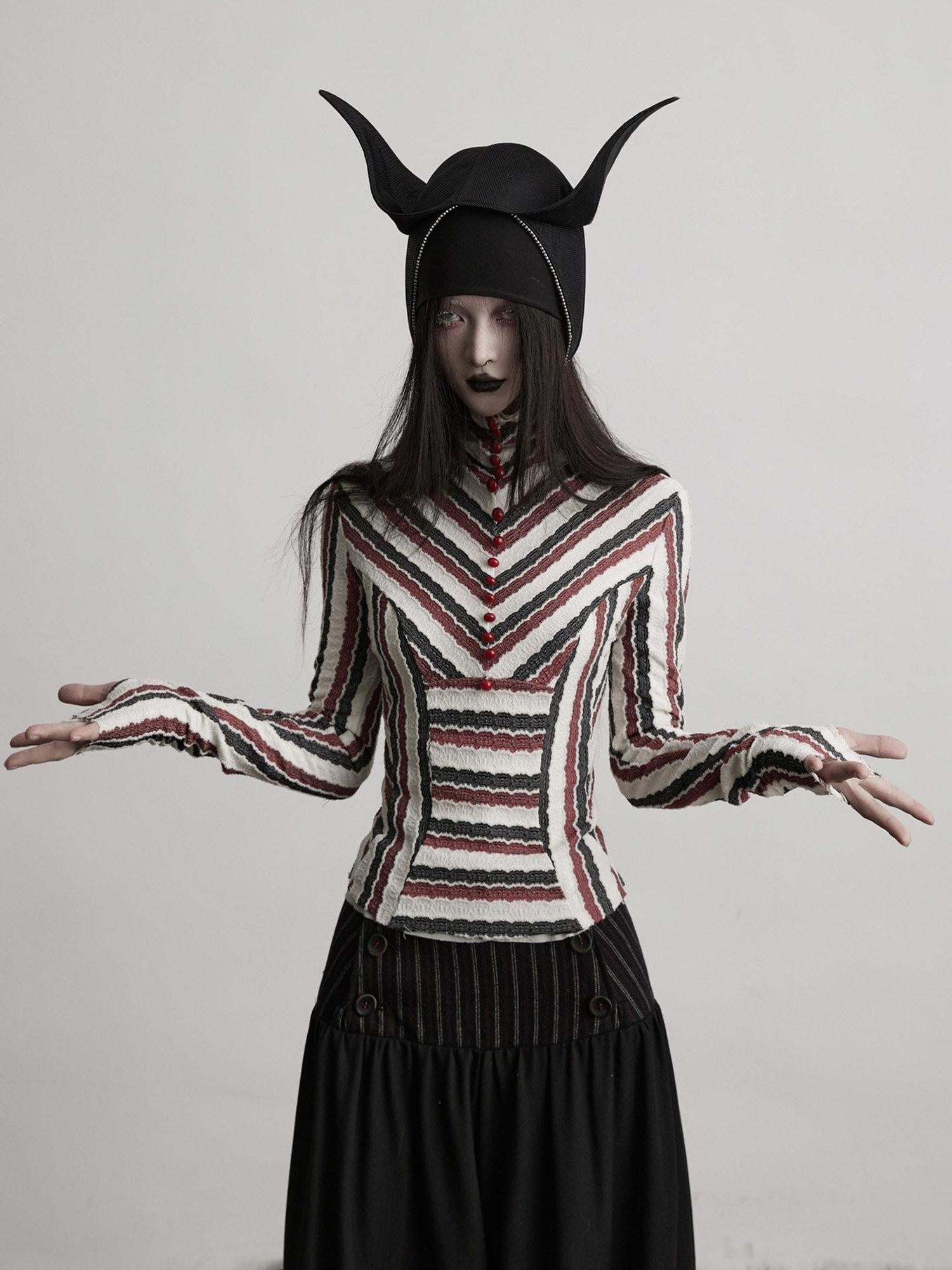 INDULGE Polyester Spandex Slim Fit High Neck Button Striped Casual Long Sleeve T-Shirts