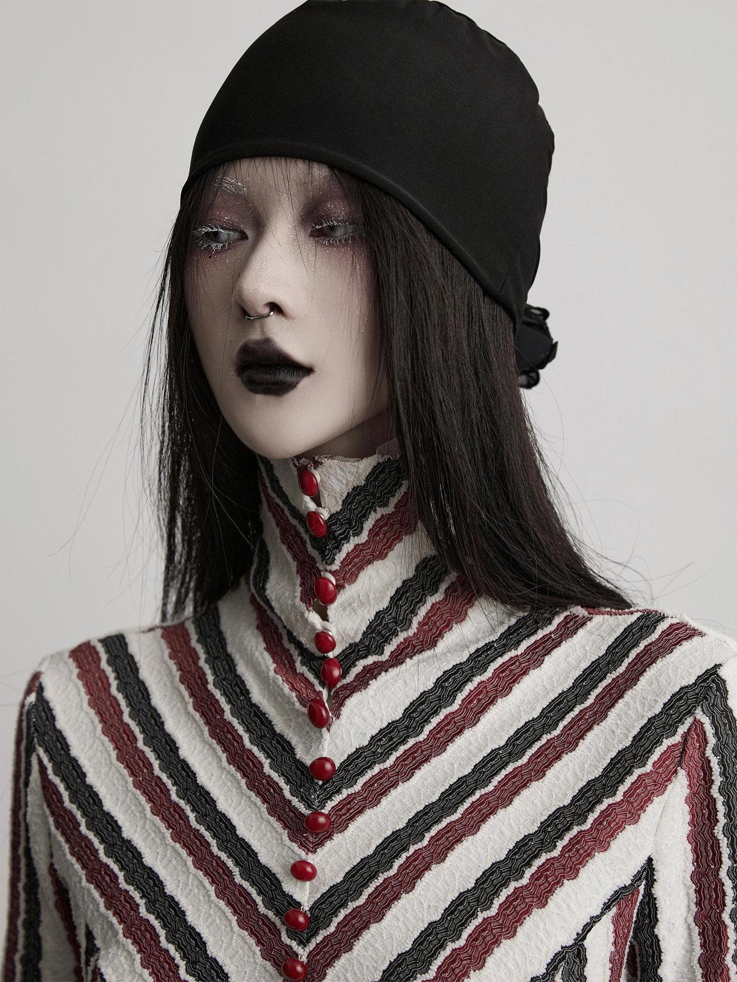 INDULGE Polyester Spandex Slim Fit High Neck Button Striped Casual Long Sleeve T-Shirts