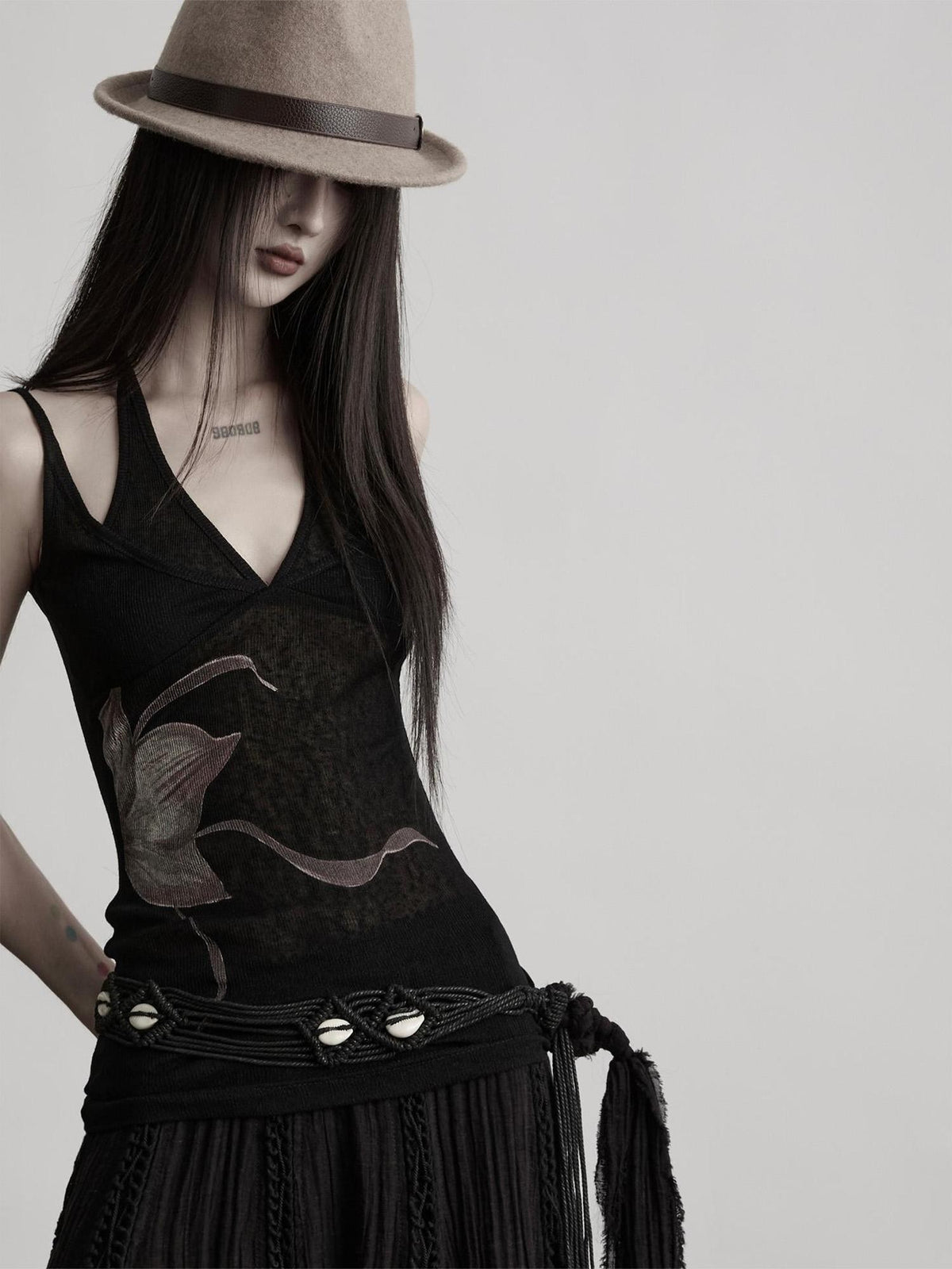 INDULGE Print Layered Cinched Waist Open Back V-neck Knit Women&