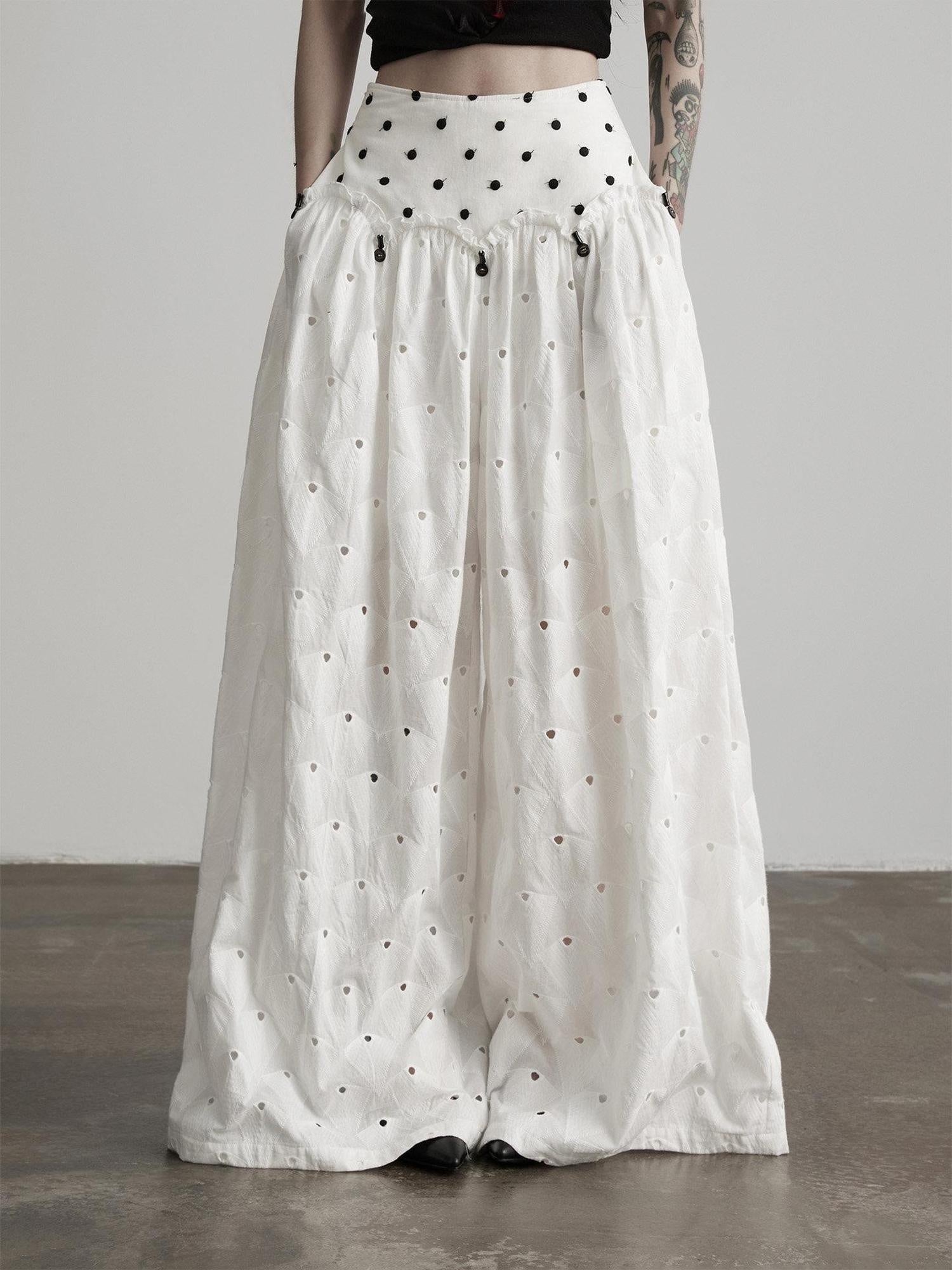 INDULGE Pure Cotton Patchwork Pockets Natural Waist Zipper Women White Wide-Leg Pants