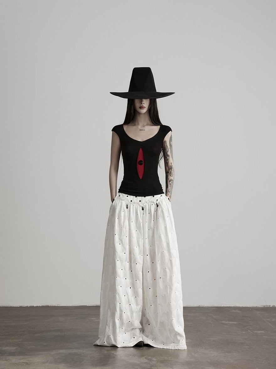 INDULGE Pure Cotton Patchwork Pockets Natural Waist Zipper Women White Wide-Leg Pants