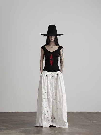 INDULGE Pure Cotton Patchwork Pockets Natural Waist Zipper Women White Wide-Leg Pants