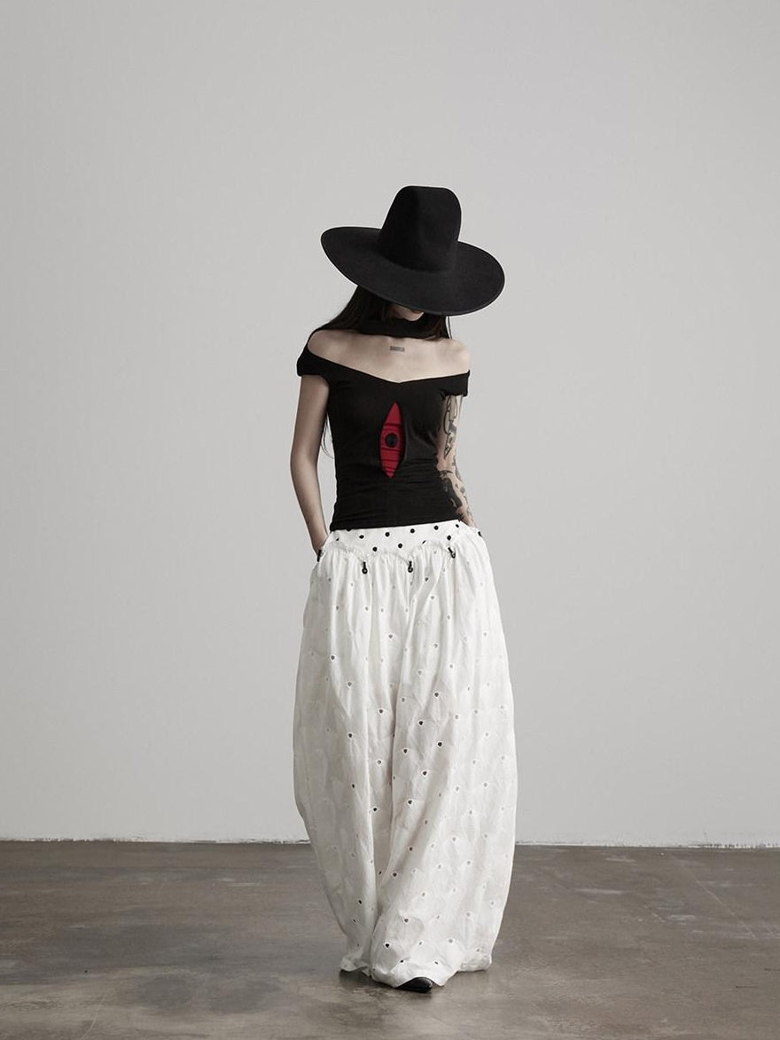 INDULGE Pure Cotton Patchwork Pockets Natural Waist Zipper Women White Wide-Leg Pants