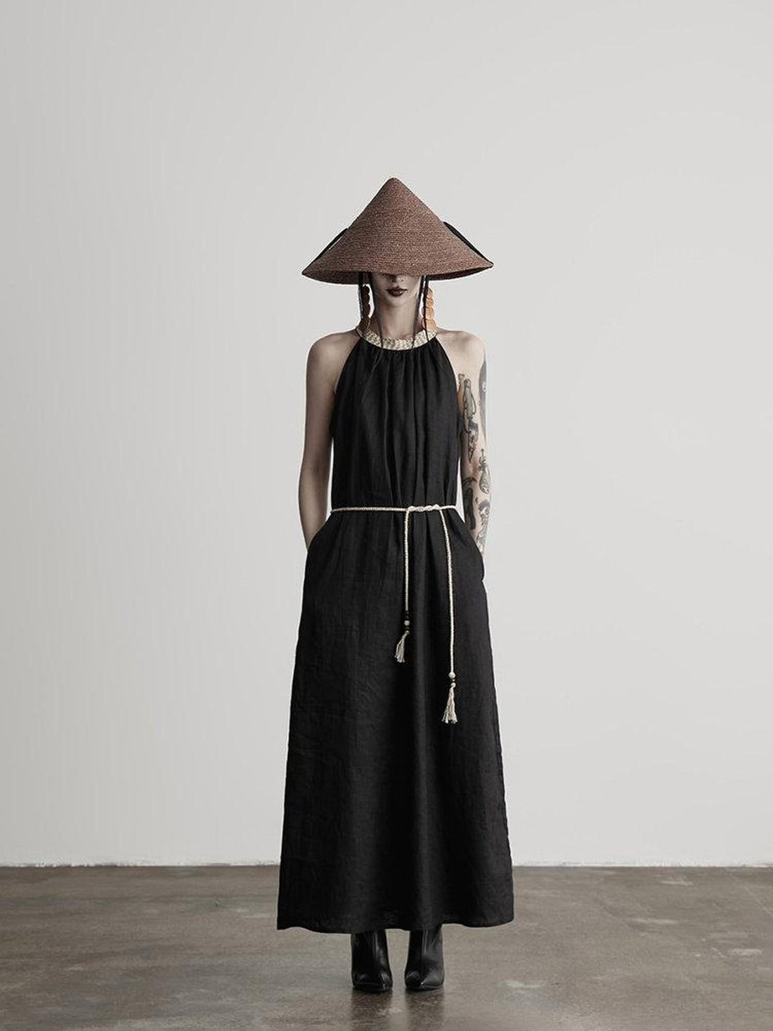INDULGE Pure Linen A Line Natural Waist Tailored Two Piece Black Halter Maxi Dresses