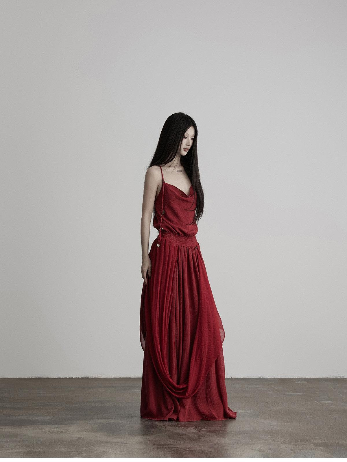 INDULGE Red Ribbon Aline Waist Cinched Strappy Women&