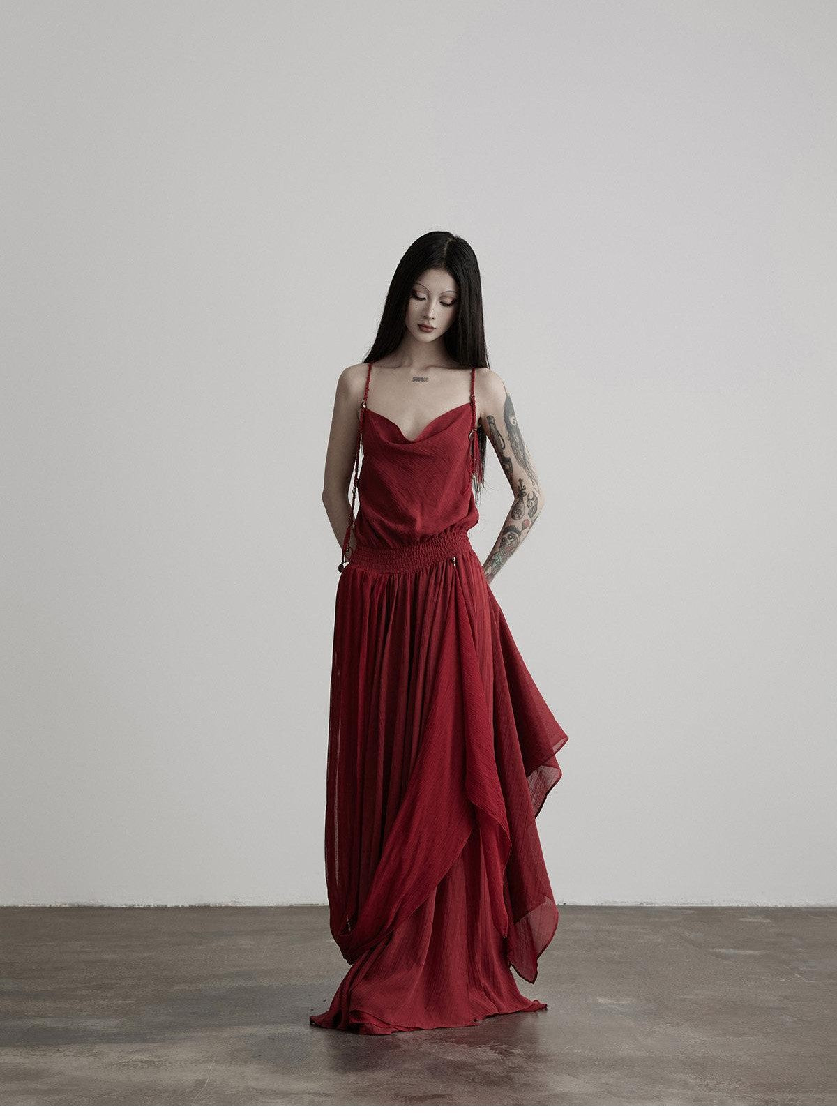 INDULGE Red Ribbon Aline Waist Cinched Strappy Women&