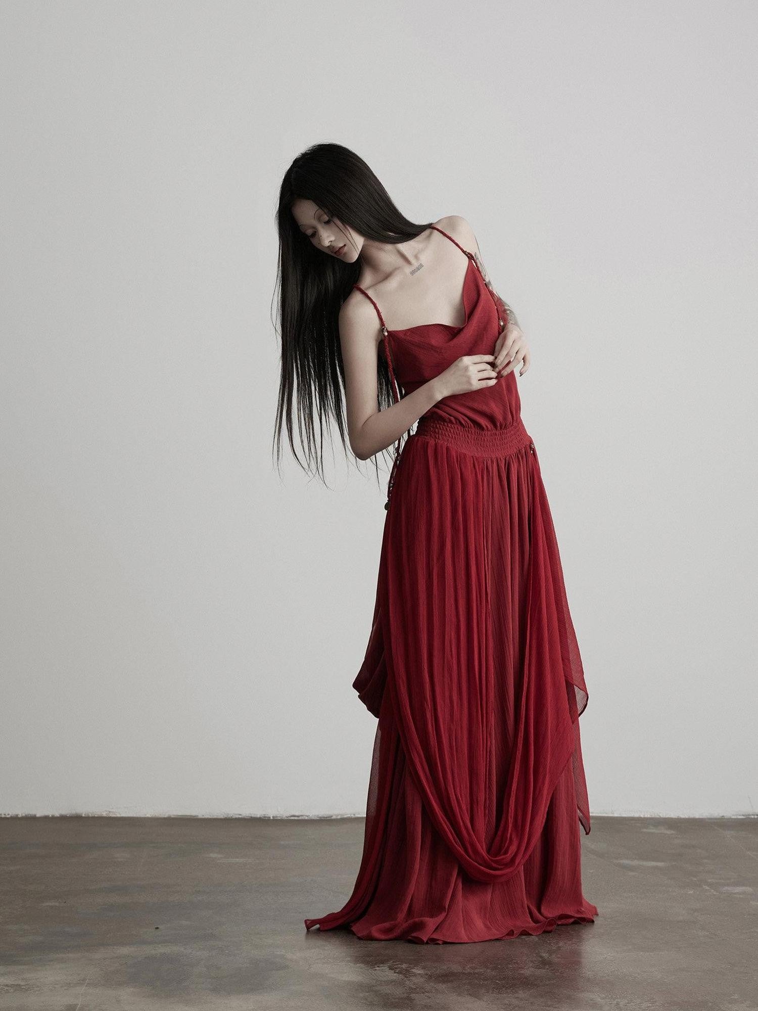 INDULGE Red Ribbon Aline Waist Cinched Strappy Women&