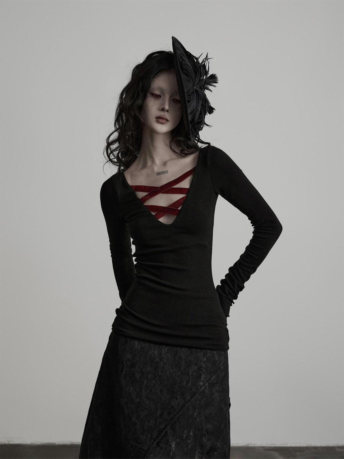 INDULGE Red Velvet Cross Tie V-neck Knit Women&