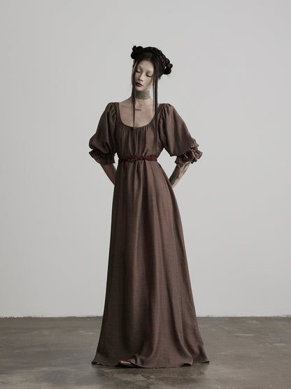 INDULGE_Regal_Cinched_Waist_Square_Neck_Puff_Sleeve_Tencel_Aline_Shirt_Maxi_Dresses_MISSTT