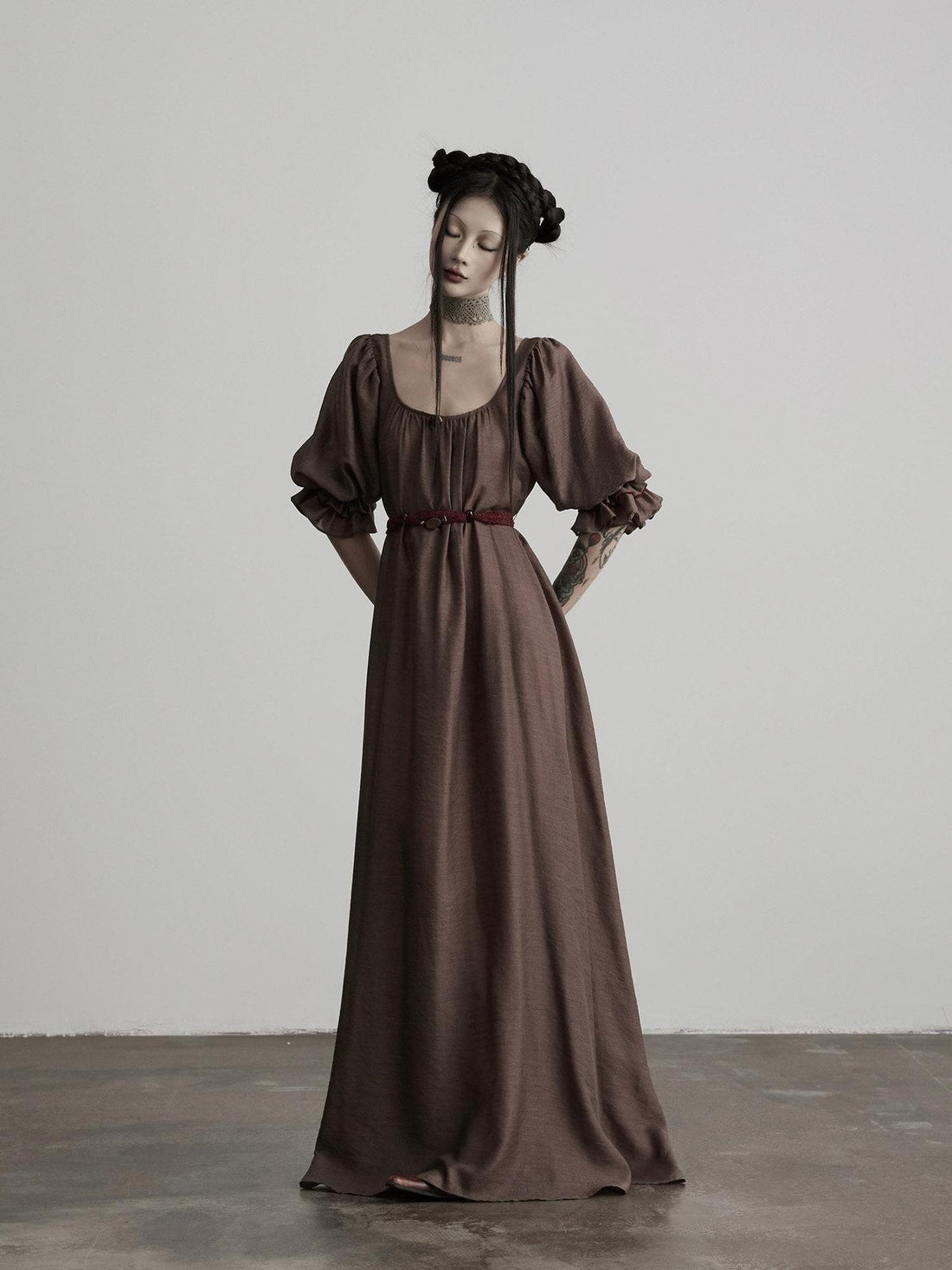 INDULGE Regal Cinched Waist Square Neck Puff Sleeve Tencel Aline Shirt Maxi Dresses