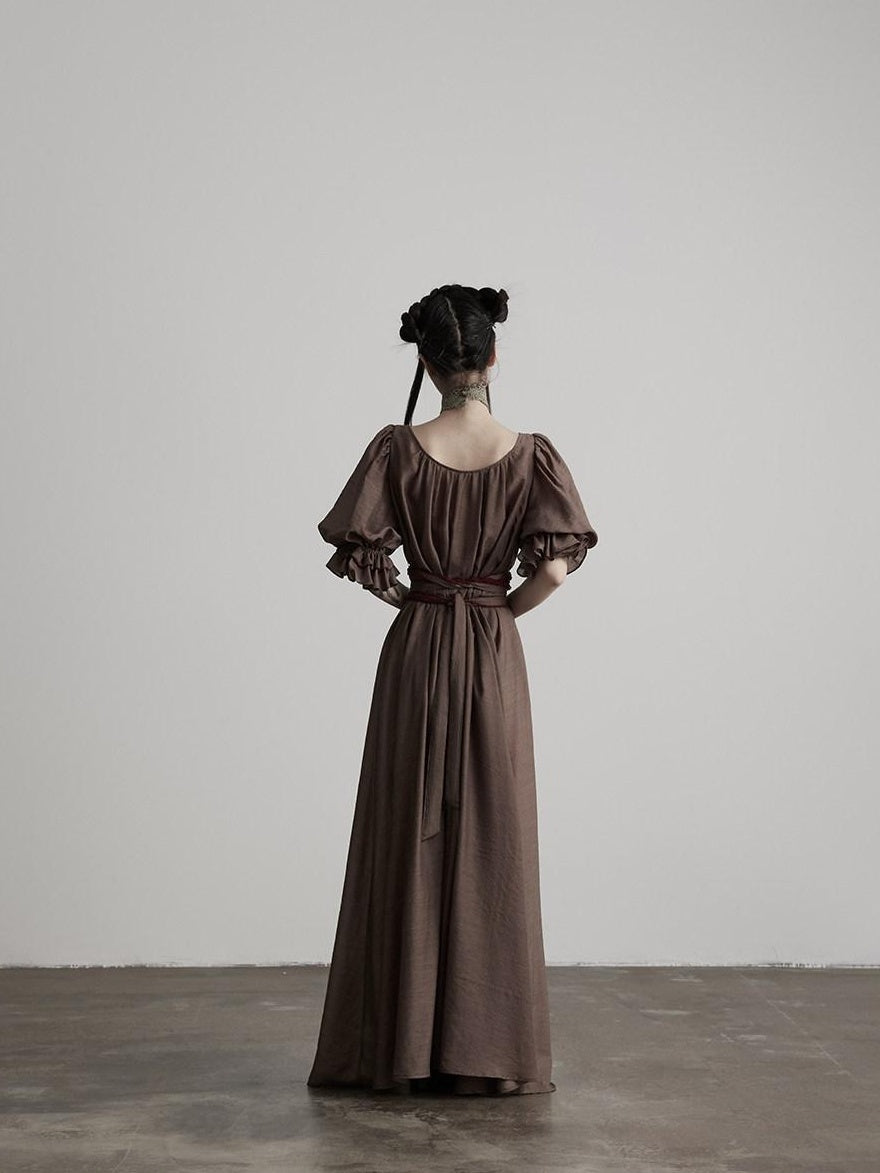 INDULGE Regal Cinched Waist Square Neck Puff Sleeve Tencel Aline Shirt Maxi Dresses