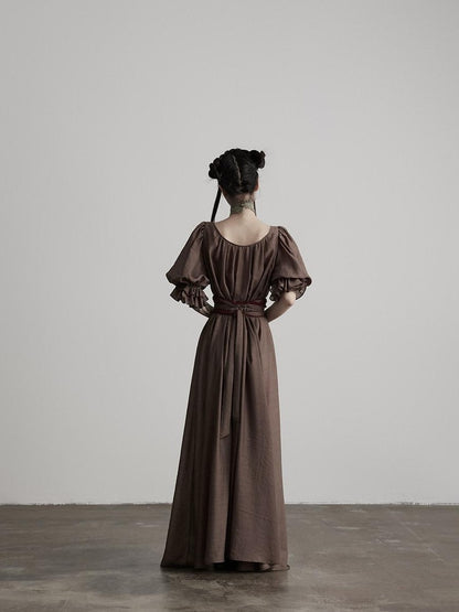 INDULGE Regal Cinched Waist Square Neck Puff Sleeve Tencel Aline Shirt Maxi Dresses