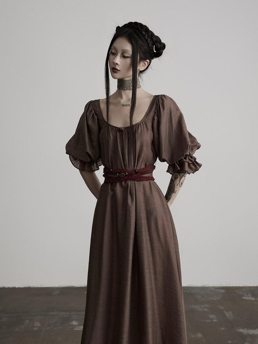 INDULGE Regal Cinched Waist Square Neck Puff Sleeve Tencel Aline Shirt Maxi Dresses