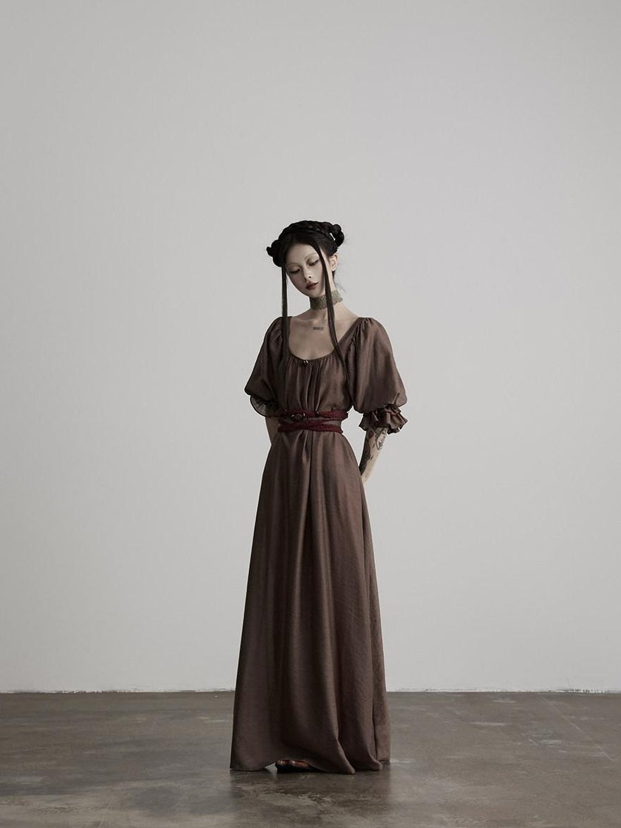 INDULGE Regal Cinched Waist Square Neck Puff Sleeve Tencel Aline Shirt Maxi Dresses