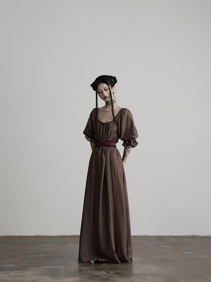INDULGE Regal Cinched Waist Square Neck Puff Sleeve Tencel Aline Shirt Maxi Dresses