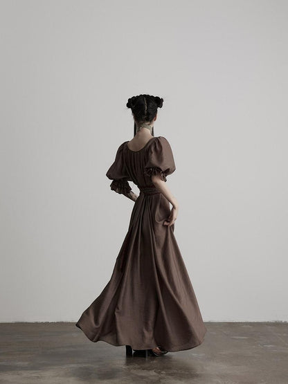 INDULGE Regal Cinched Waist Square Neck Puff Sleeve Tencel Aline Shirt Maxi Dresses
