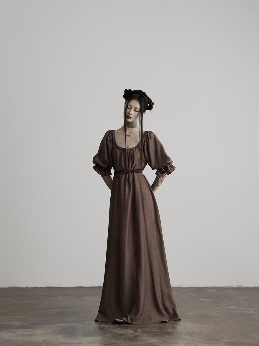 INDULGE Regal Cinched Waist Square Neck Puff Sleeve Tencel Aline Shirt Maxi Dresses