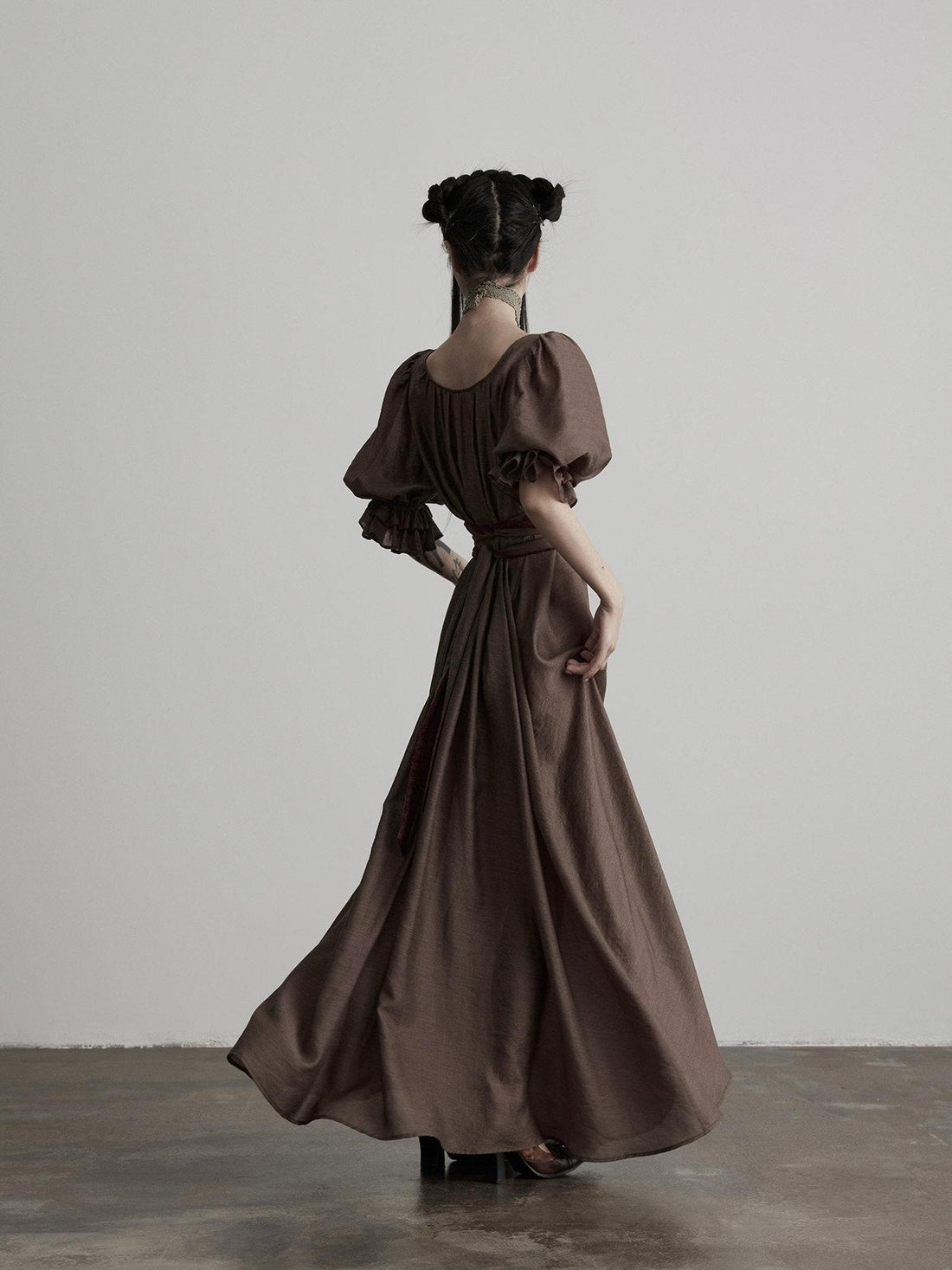 INDULGE Regal Cinched Waist Square Neck Puff Sleeve Tencel Aline Shirt Maxi Dresses