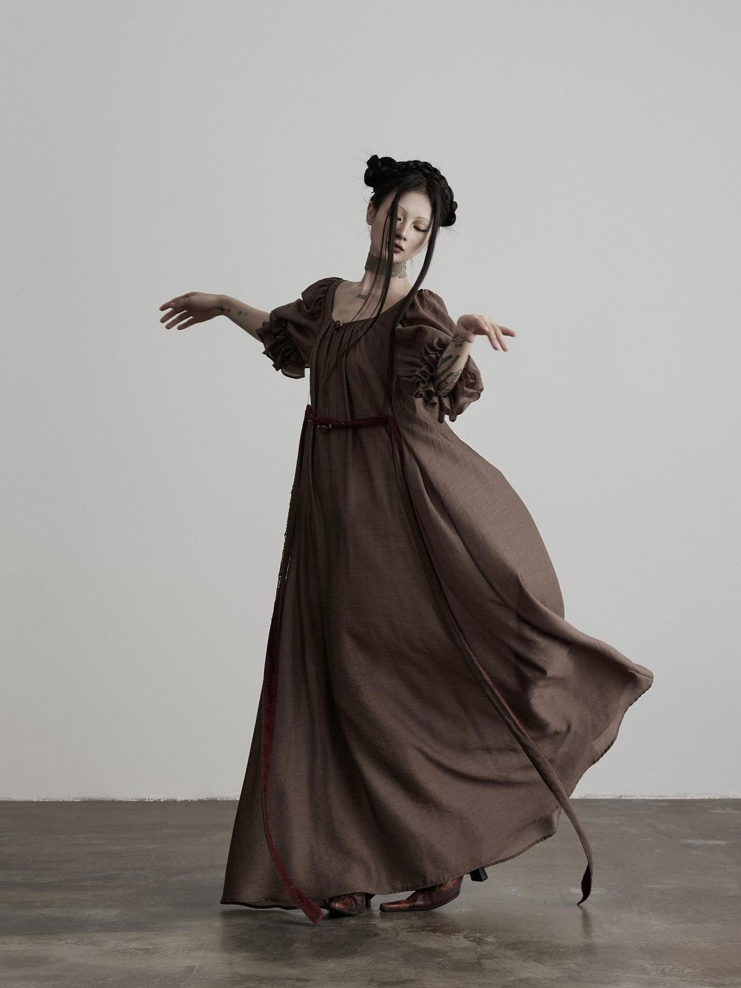 INDULGE Regal Cinched Waist Square Neck Puff Sleeve Tencel Aline Shirt Maxi Dresses