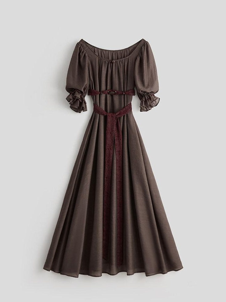 INDULGE Regal Cinched Waist Square Neck Puff Sleeve Tencel Aline Shirt Maxi Dresses
